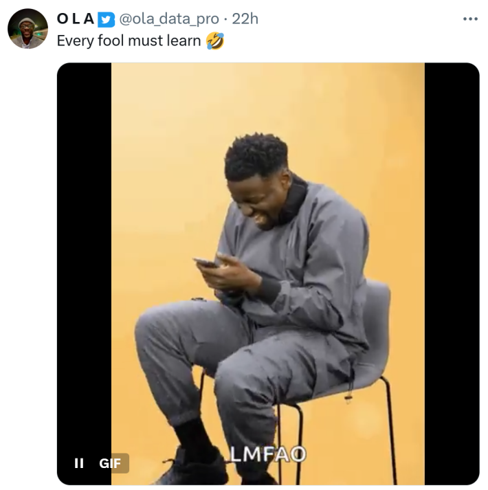 Twitter comment, text reads, "Every fool must learn (rofl emoji)"