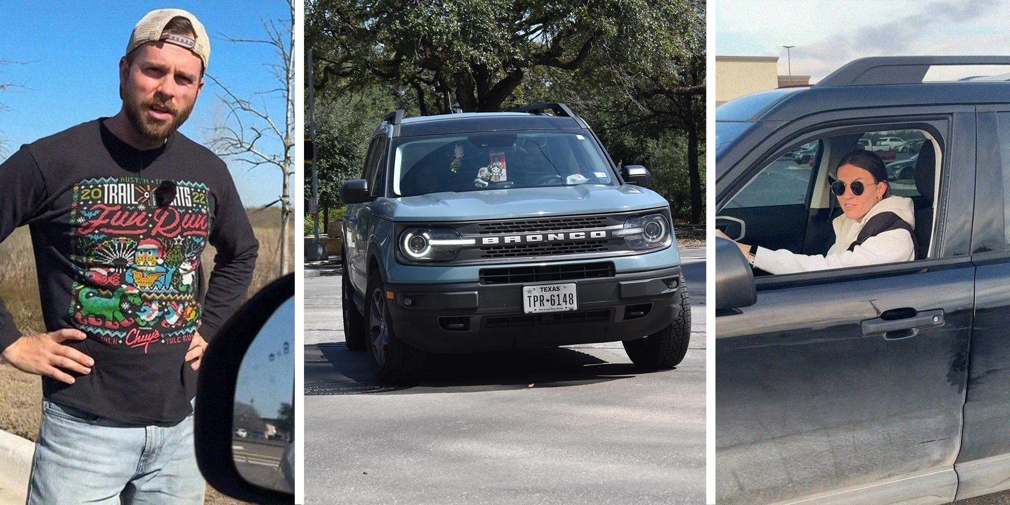 man looking concerned(l) Ford Bronco Sport(c) Woman inside of a ford bronco sport(r)