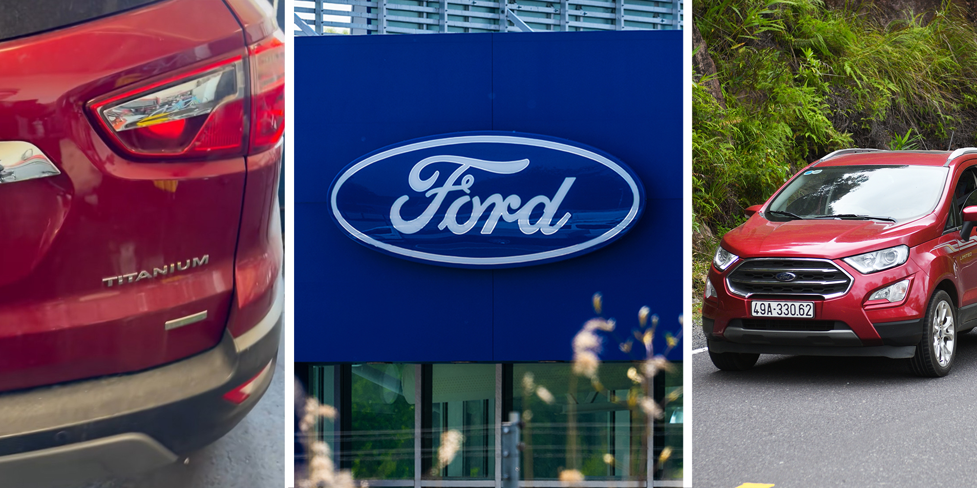 rear view of ford ecosport(l) Ford Dealer Sign(c) Red Ford EcoSport(r)