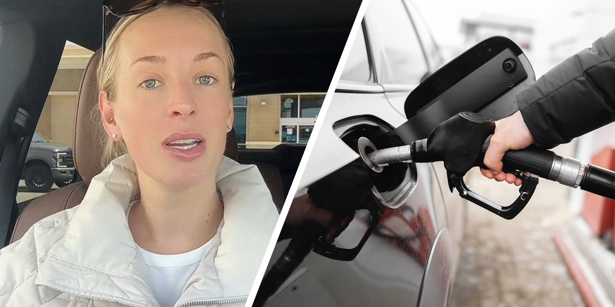 woman shares new scam at gas stations(l) Person filling up vehicle with gas pump(r)