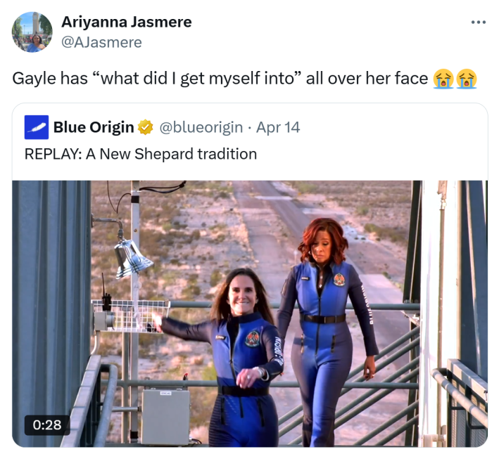 Tweet that says, "Gayle has 'what did I get myself into' all over her face (sob emojis)" with a screenshot of Gayle King walking onto the rocket.