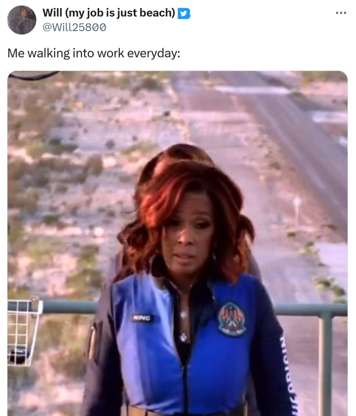 Tweet that says, "Me walking into work everyday:" with a photo of Gayle King walking onto the rocket.