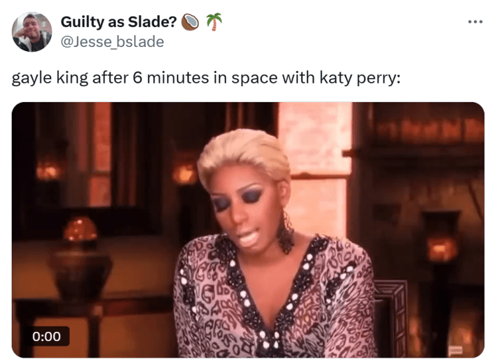Tweet that says, "gayle king after 6 minutes in space with katy perry:" with a screenshot of an exhausted-looking woman.