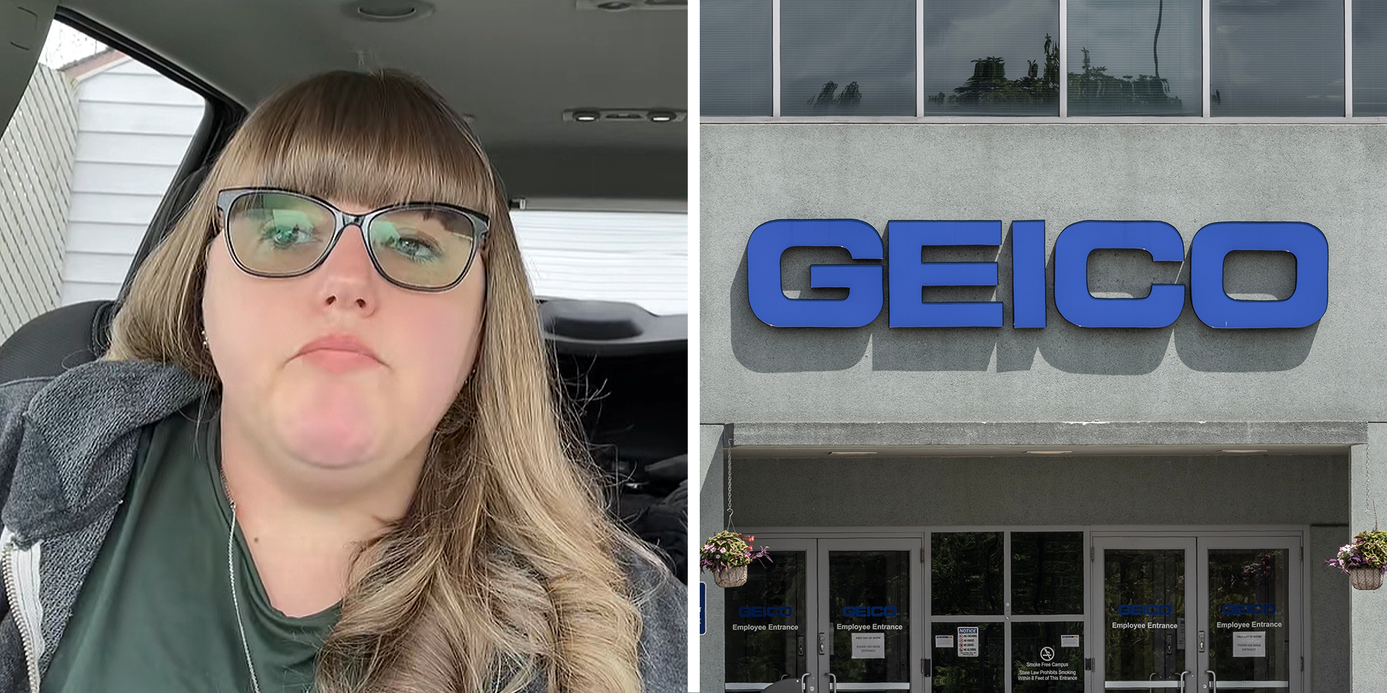 2 image split. Woman in car on left. Geico on right.