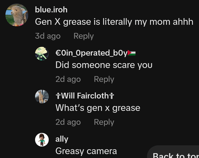 TikTok comments discussing Gen X grease.