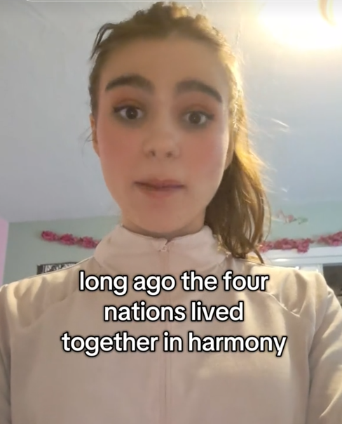 TikTok video of a woman doing an Avatar: The Last Airbender intro bit.