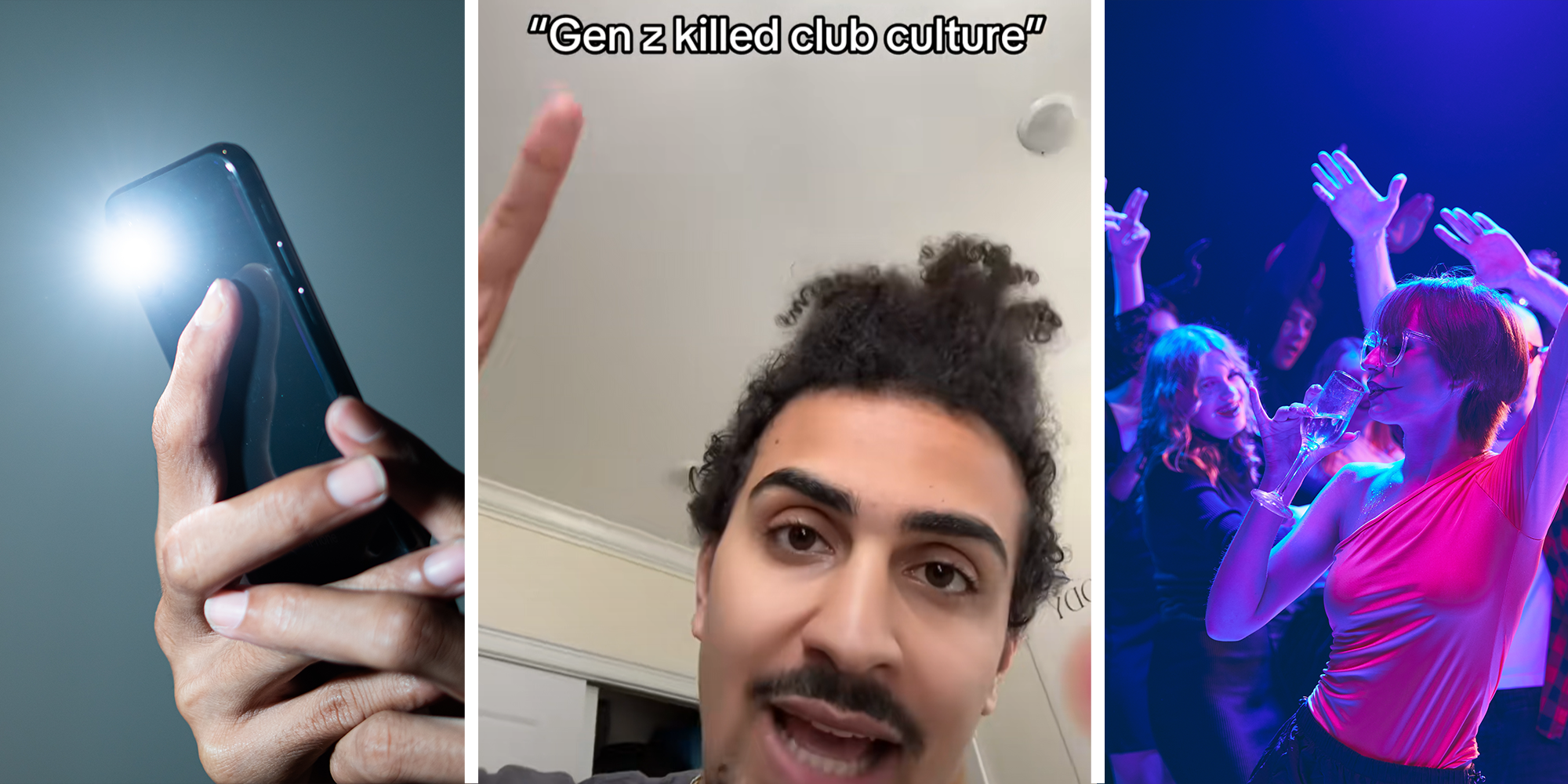 3 image split. Phone with flash on on left. Man pointing to overlayed text that reads: "Gen Z killed club culture" in center. Woman at nightclub on right.