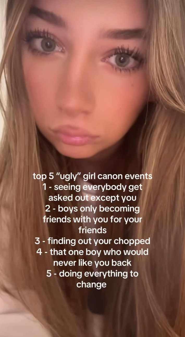 TikTok screenshot of a girl sharing her "top 5 'ugly' girl canon events"