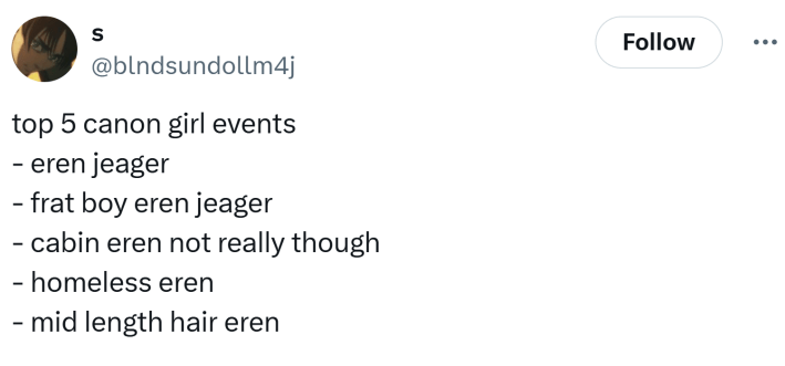 List of Girl Canon Events, Eren Jeager edition.