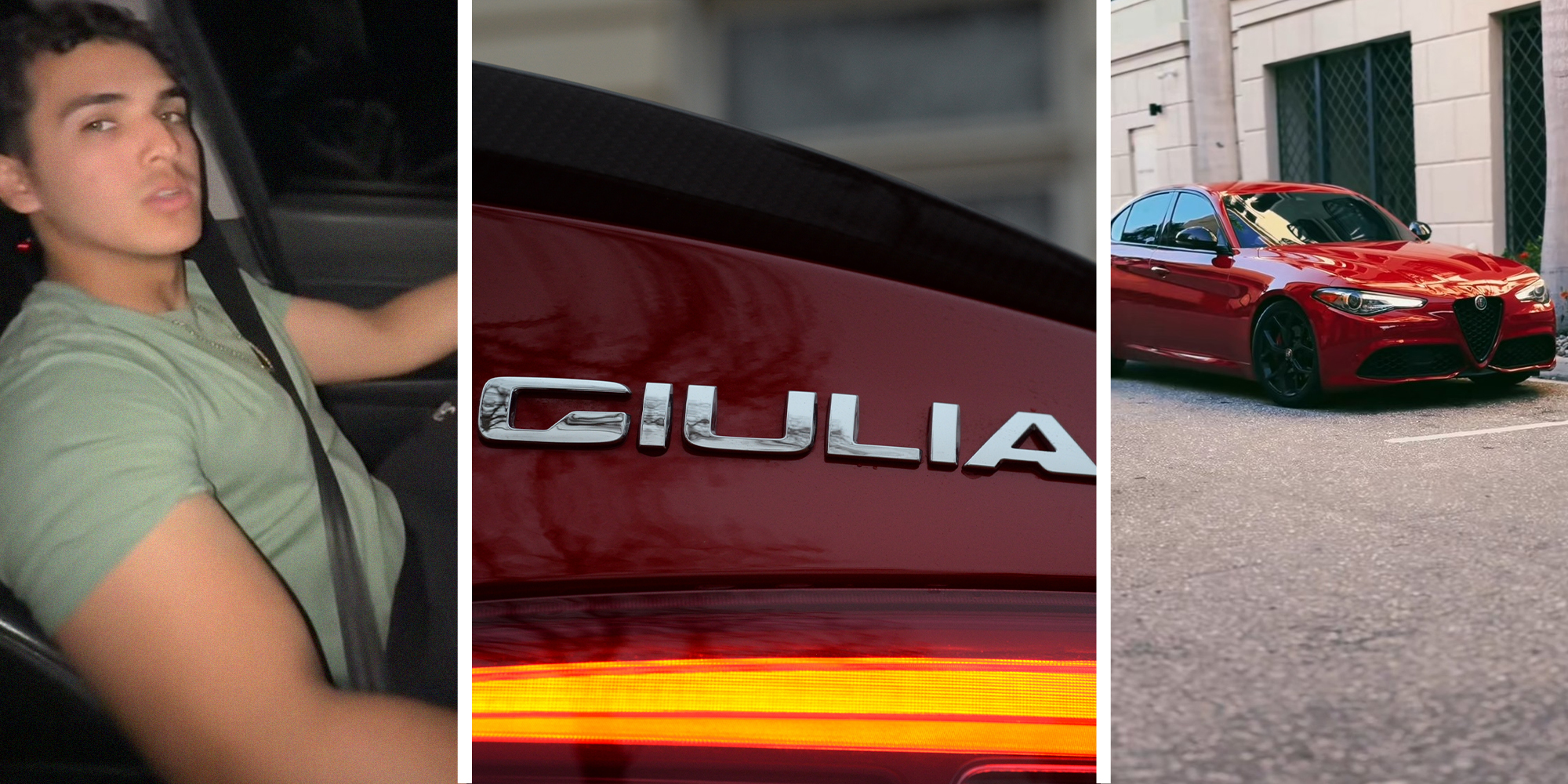 man inside of vehicle driving at night(l) Giulia Vehicle Brand(r) Red Alfa Romeo Giulia