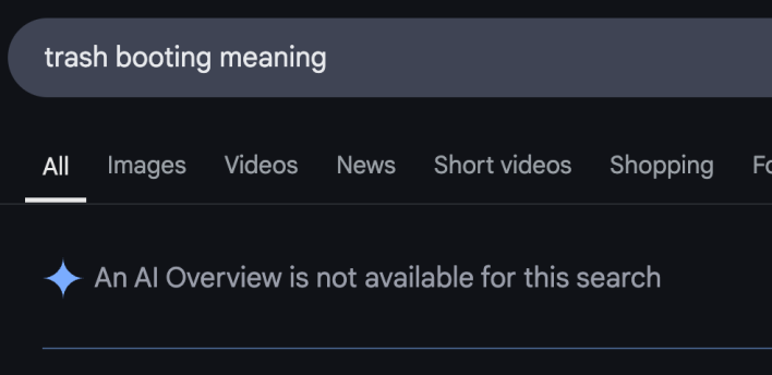 Google result for "trash booting meaning" with the message "An AI Overview is not available for this search."