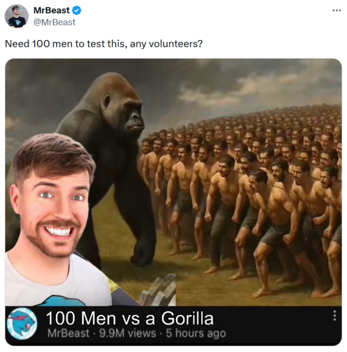 Gorilla vs 100 men meme with an AI image by MrBeast.