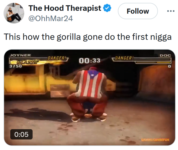 Gorilla vs 100 men meme with a gif from a fighting video game.