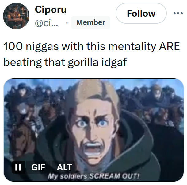 Gorilla vs 100 men meme with a war anime gif.