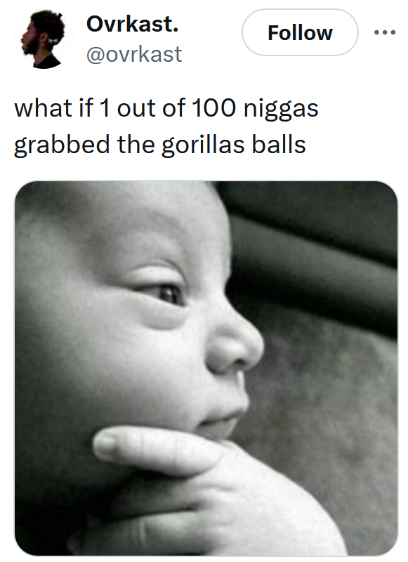 Gorilla vs 100 men meme with a photo of a baby stroking their chin.