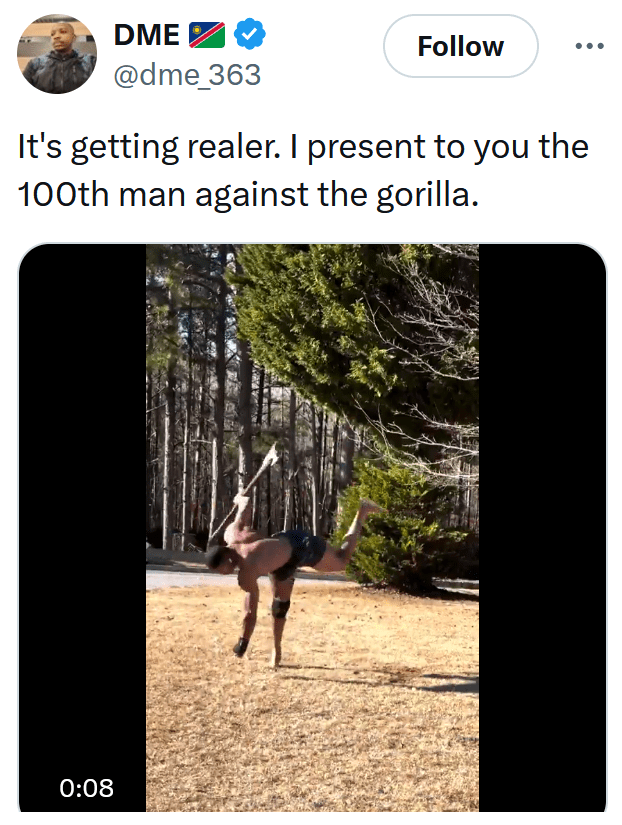 Gorilla vs 100 men meme with a clip of a man doing kick flips.