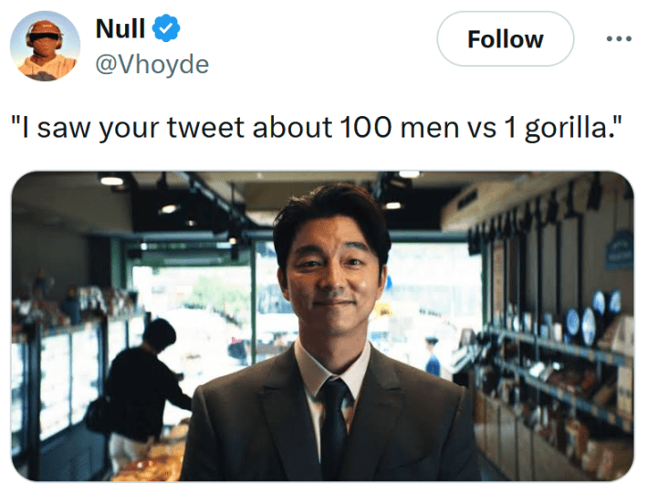 Gorilla vs 100 men meme with an image of a man smiling.