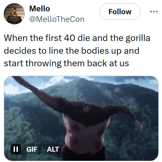 Gorilla vs 100 men meme with an anime gif of a beast swinging its arm.