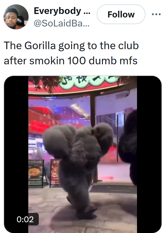 Gorilla vs 100 men meme with a clip of someone in a gorilla costume.