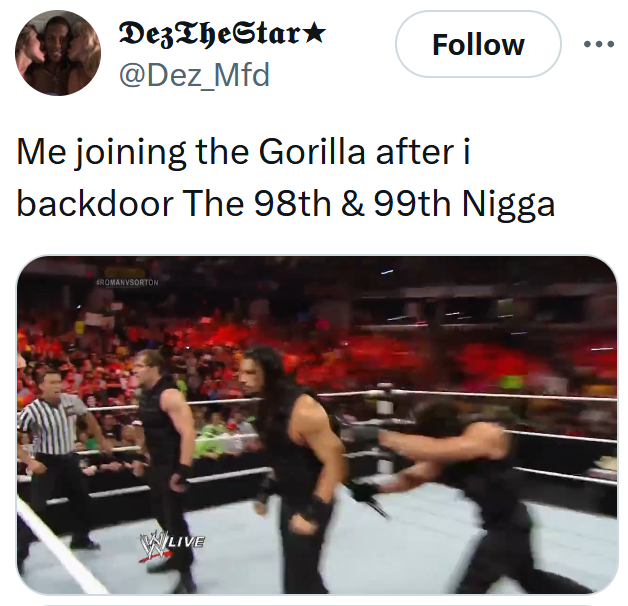 Gorilla vs 100 men meme with a clip of a WWE wrestler hitting another with a chair.