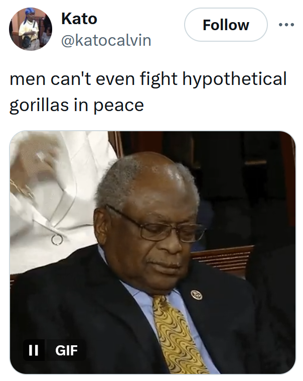 Gorilla vs 100 men meme with a gif of a man shaking his head.