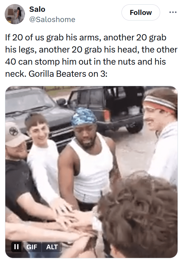 Gorilla vs 100 men meme with a gif of men in a huddle.