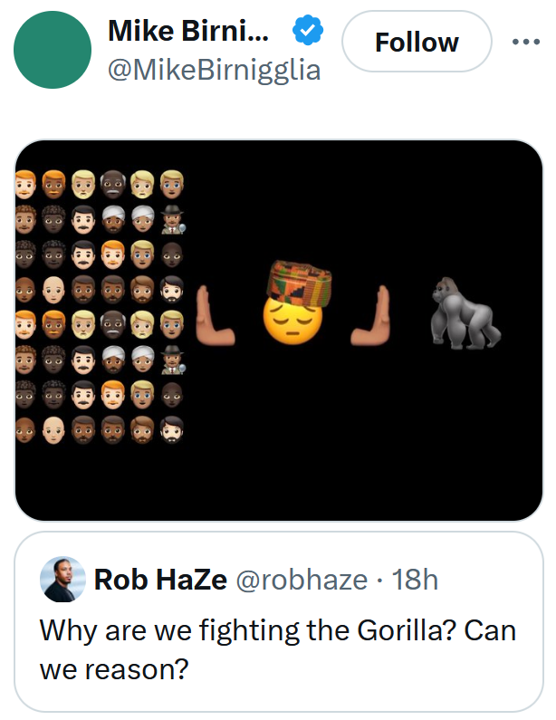 Gorilla vs 100 men meme with an emoji image of a man trying to make peace.