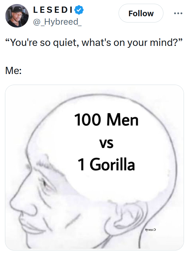 Gorilla vs 100 men meme with an image of the idea in someone's skull.