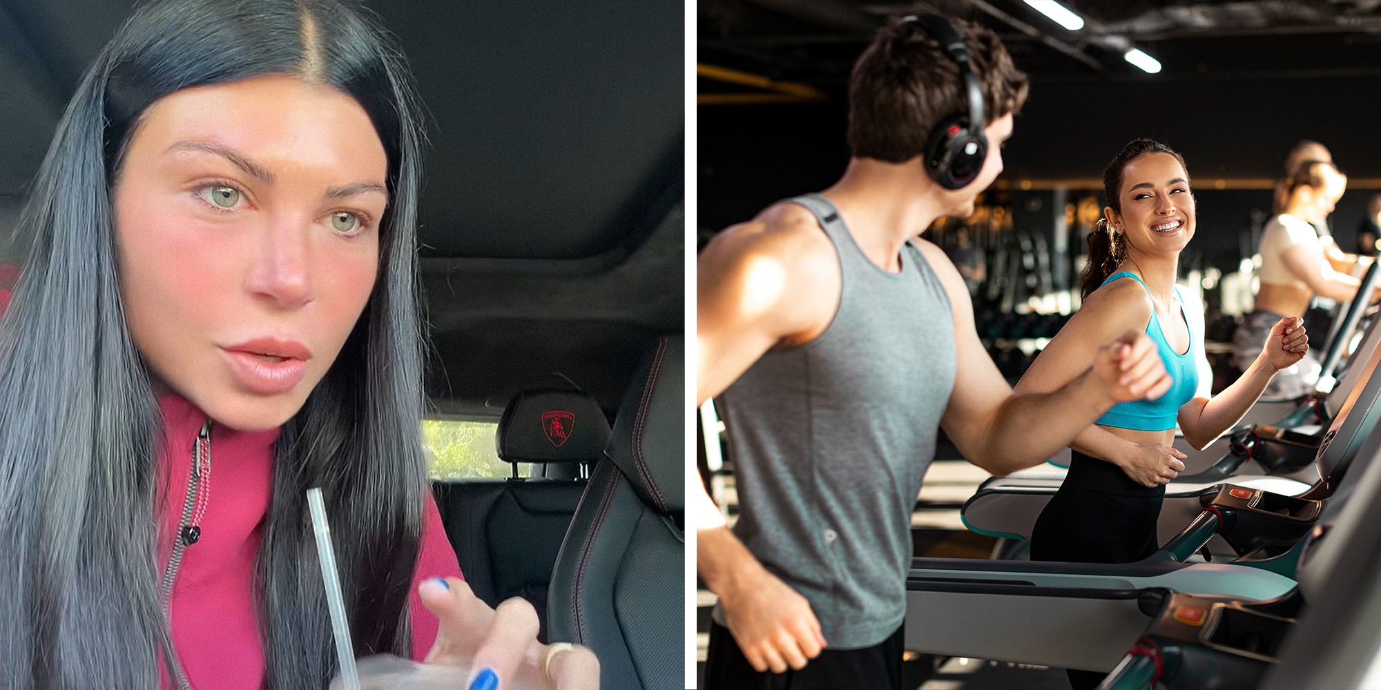 2 image split. Woman in car on left. Man and woman smiling at each other on treadmills at the gym.