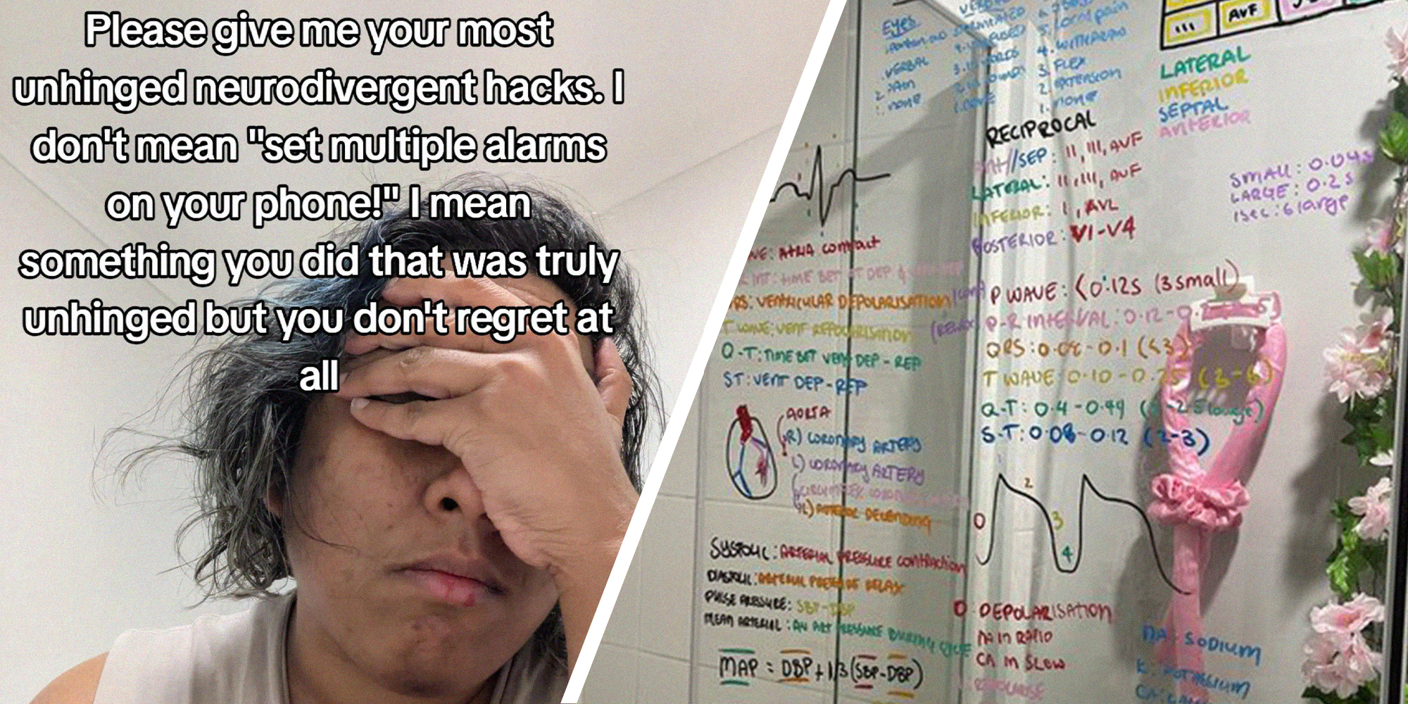 Person covering there face with disappointment(l) words written inside of shower room(r)