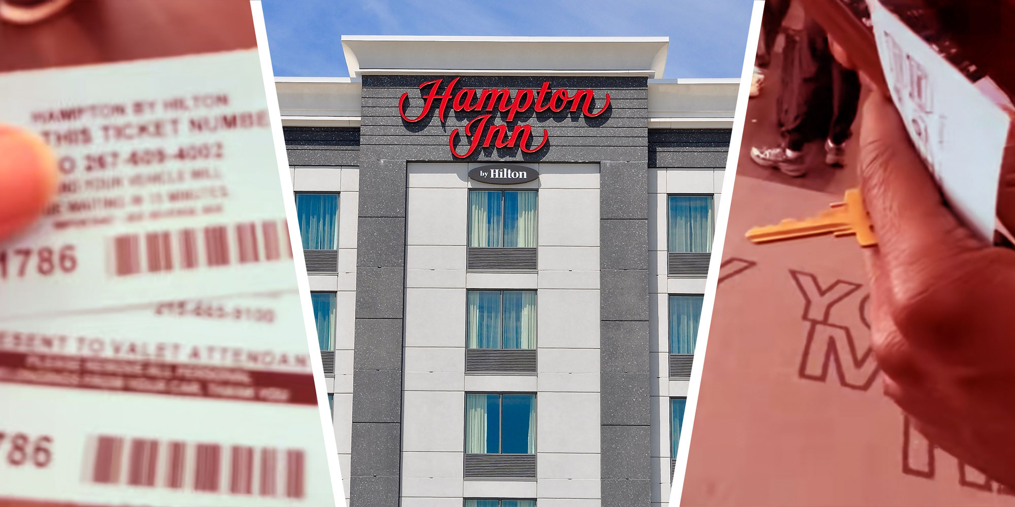 Left: Screenshot from Tiktok user @joyaltee holding a Hampton Inn parking ticket; Photo of a Hampton Inn exterior; Screenshot from Tiktok user @joyaltee of a hand holding car keys and a ticket.