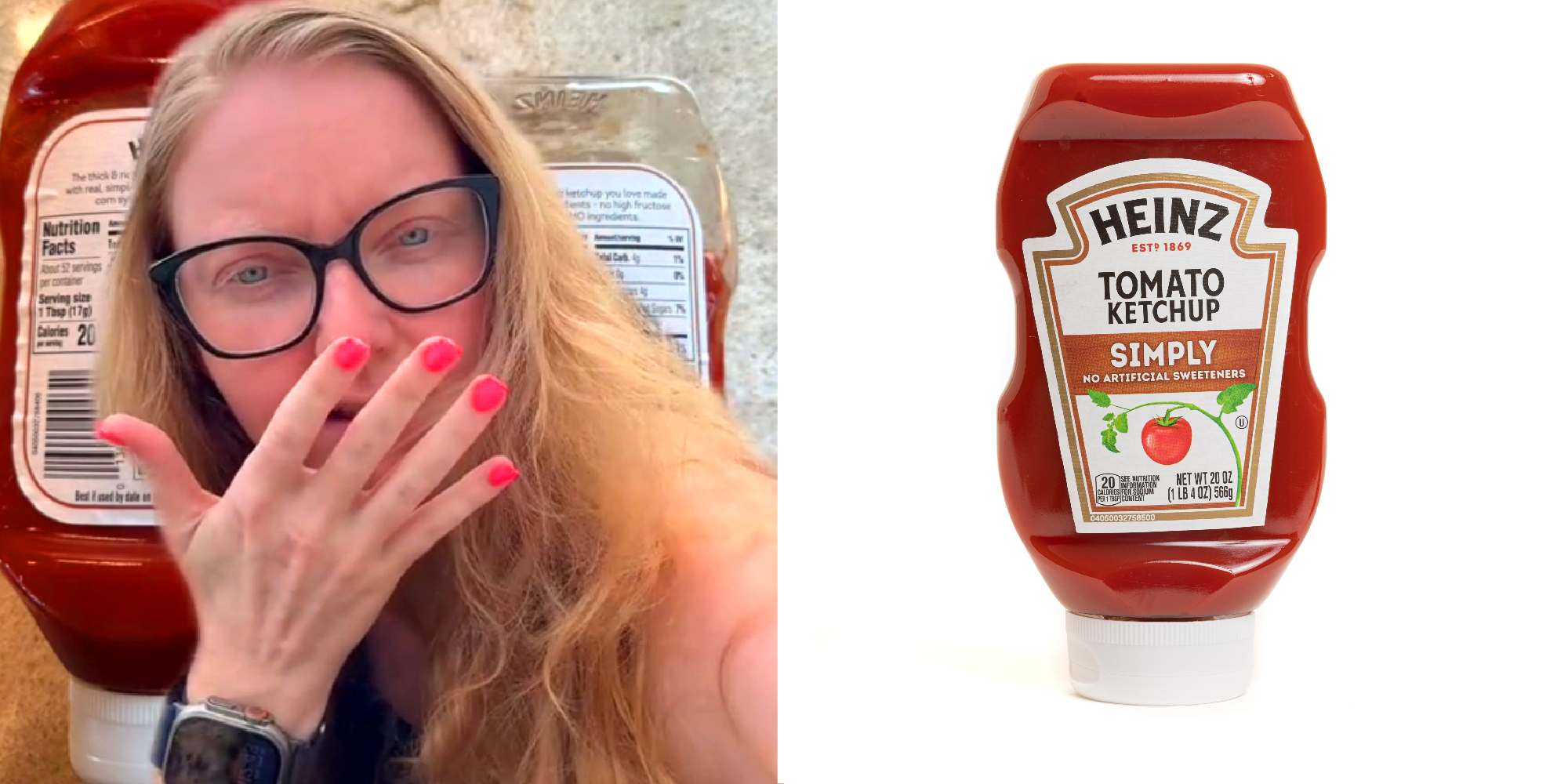 2 panel image of a person explaining and a bottle of Heinz Simply ketchup.