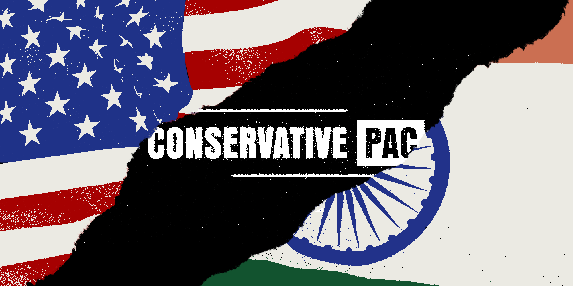 American Flag and Hindu Flag ripped in center with "Conservative Pac" logo peaking through.