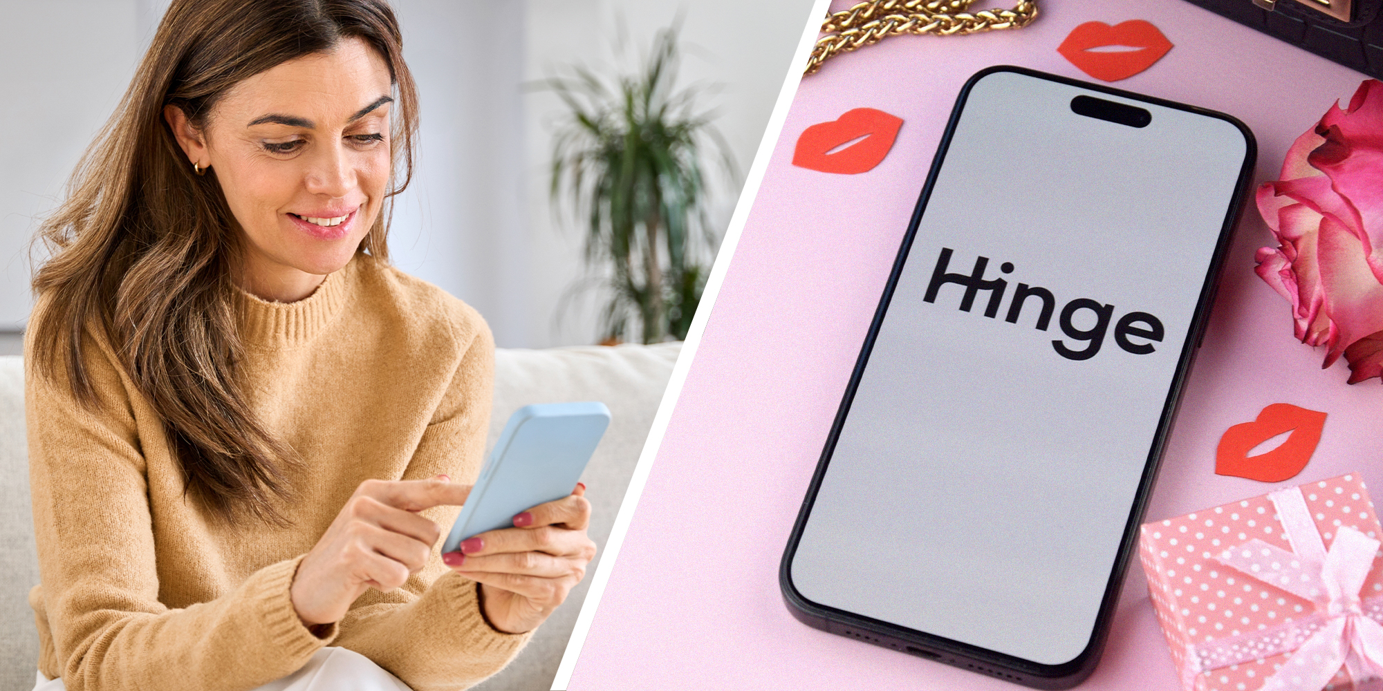 woman checking on phone(l) Hinge app on phone with pink backdrop (r)