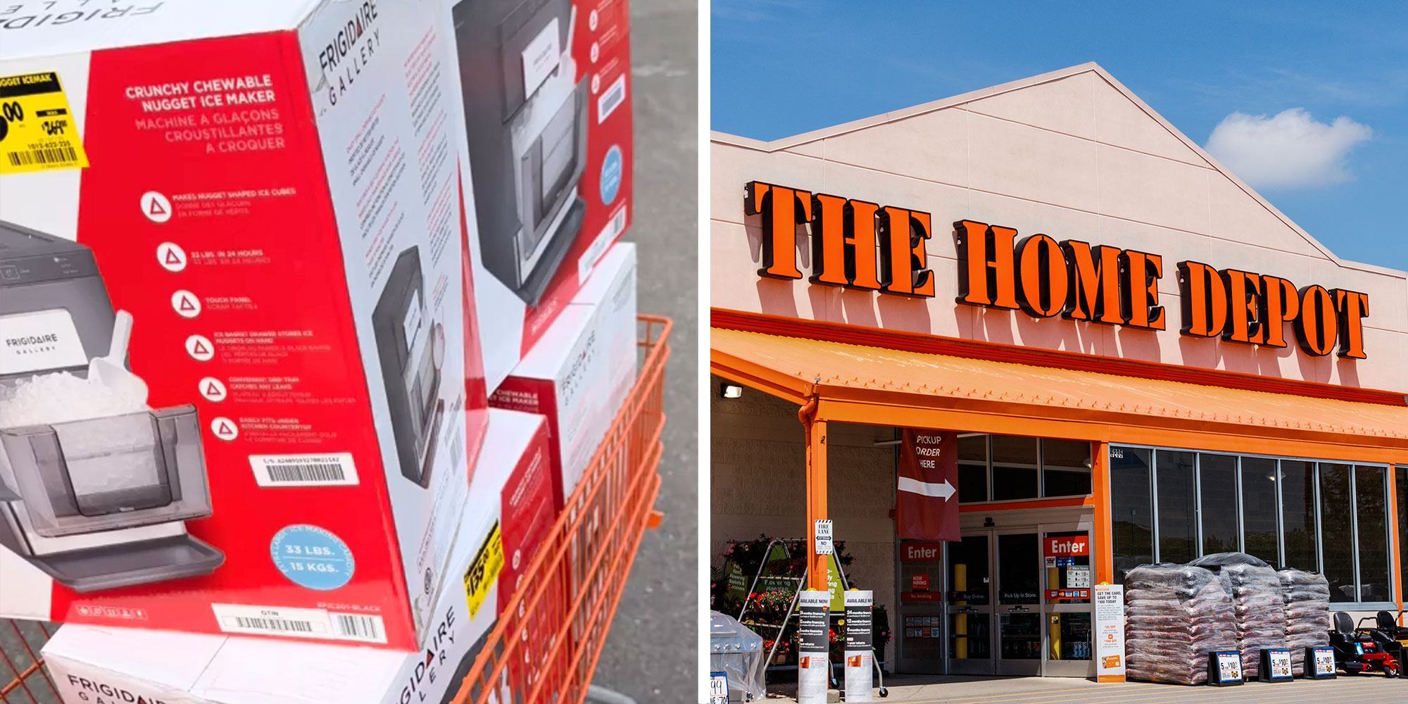 Screenshot from Tiktok user @resale_rascals of several Frigidaire Ice Makers; Photo of a Home Depot exterior.