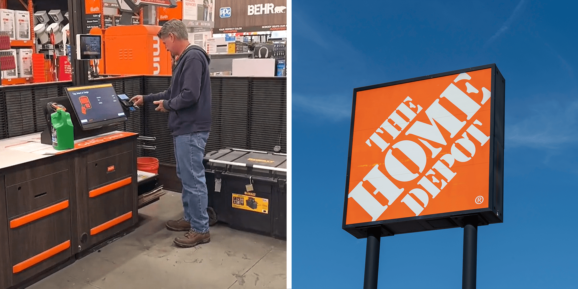 2 panel image. Man at checkout at Home Depot on left. Home Depot sign on right.