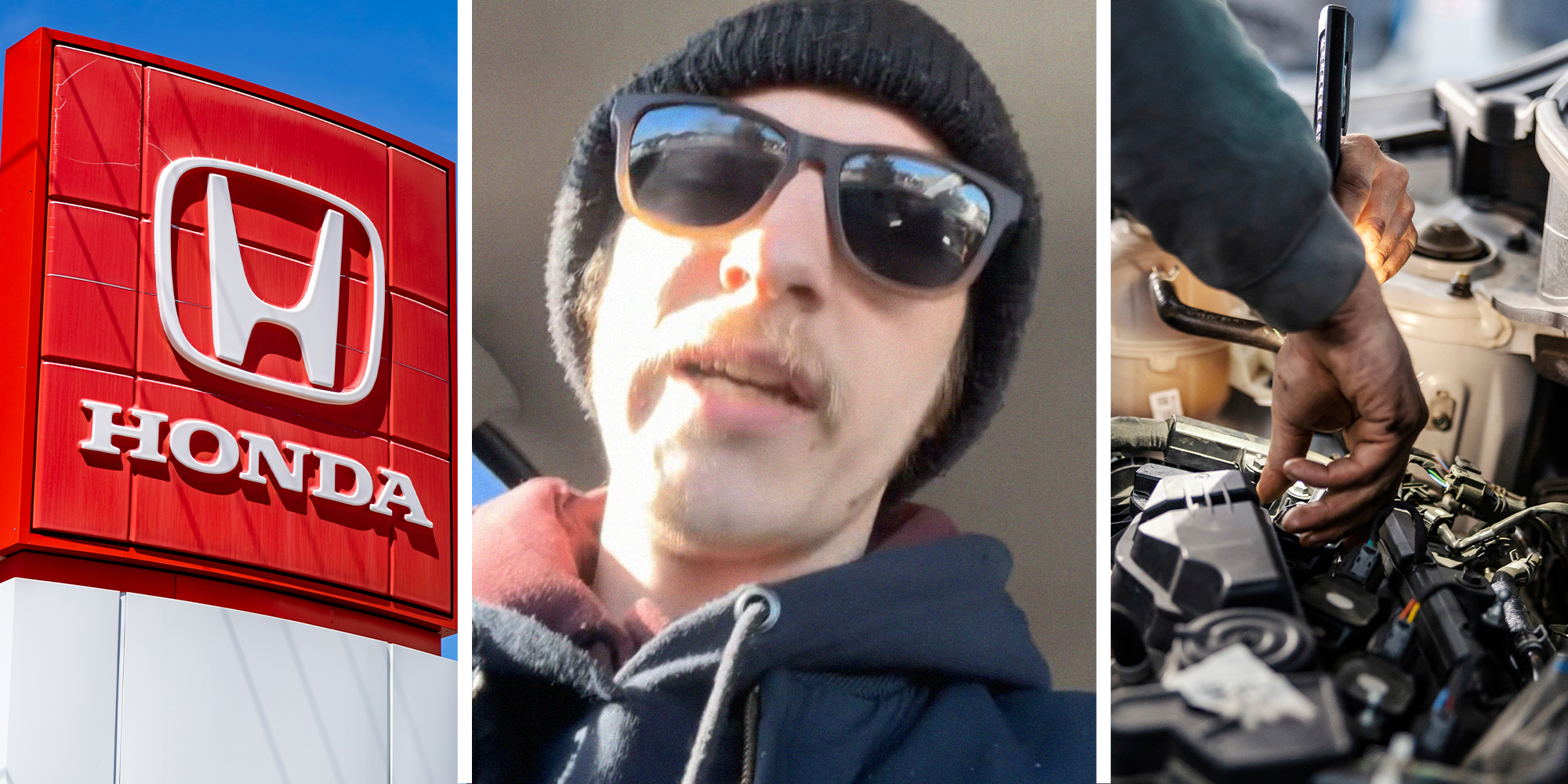 Honda Dealer Sign(l) Mechanic Shares what he saw when he checked Honda Vehicle(c) Mechanic Checking Car Engine(r)