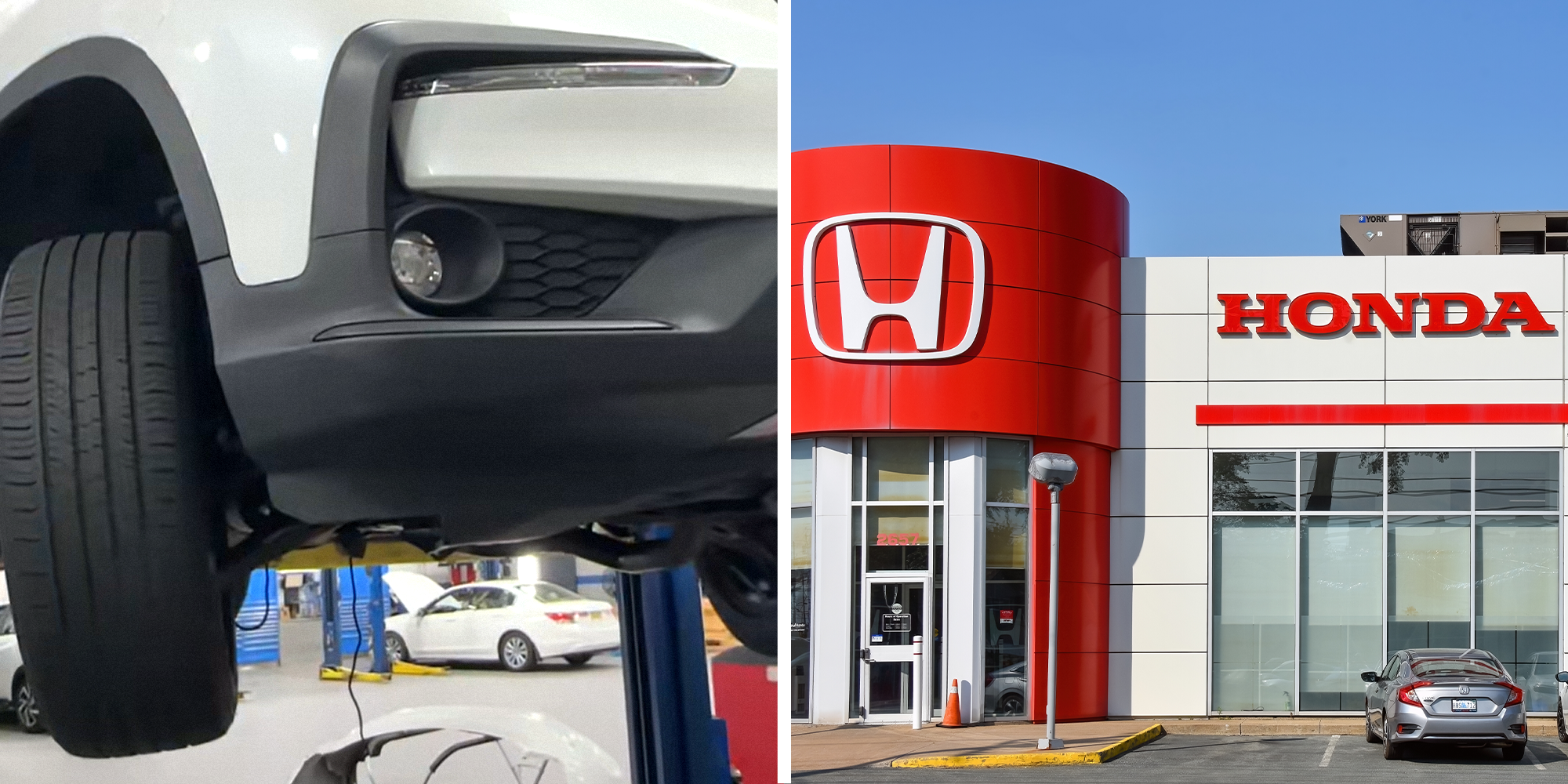 2 image split. Car lifted at mechanic on left. Honda dealership on right.