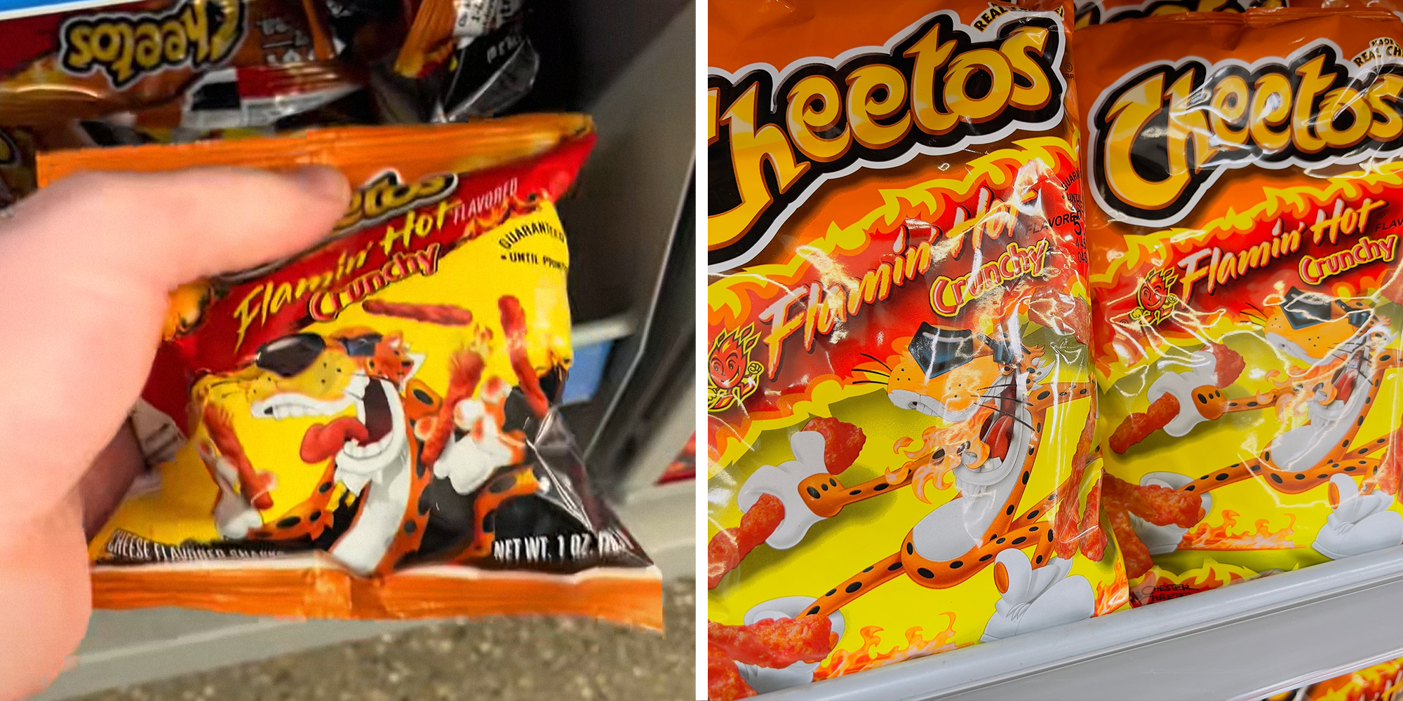 2 image split. Man grabbing Hot Cheetos at store on left. Hot Cheetos bags on right.
