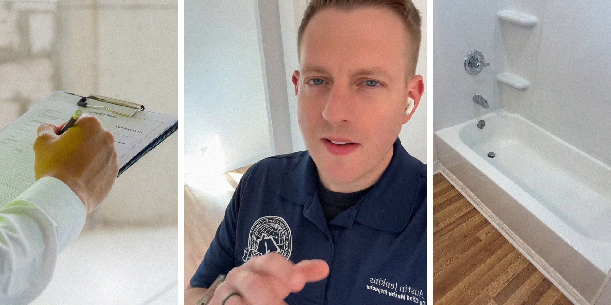 home inspector checking list on clipboard(l) Inspector shares what he saw at new built home(c) New Build tub(r)