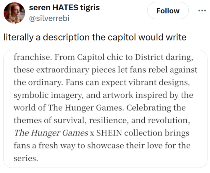 Tweet with a screenshot of text reading "literally a description the capitol would write."