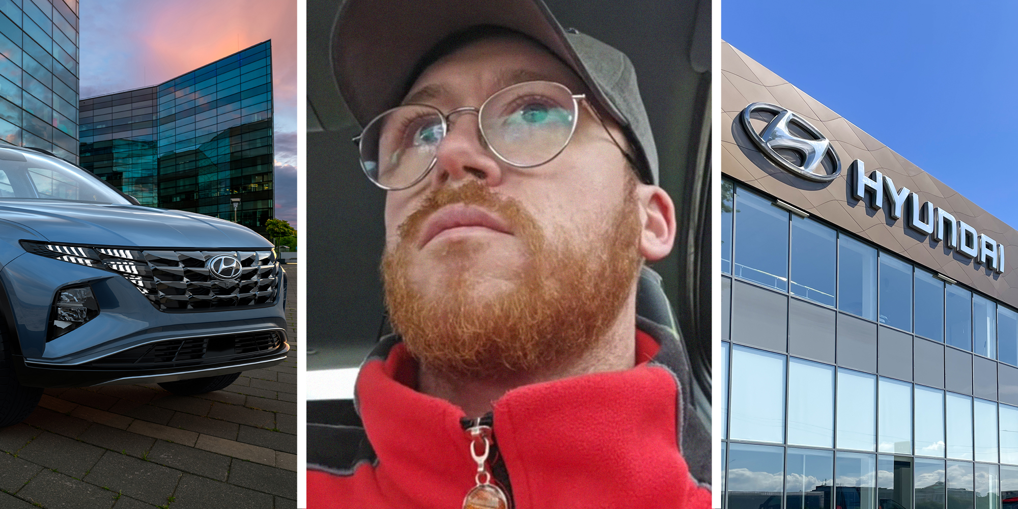 Light Blue Hyundai Electric car(l) Man shares his concern with the sound hyundai electric cards make(c) Hyundai Dealership(r)