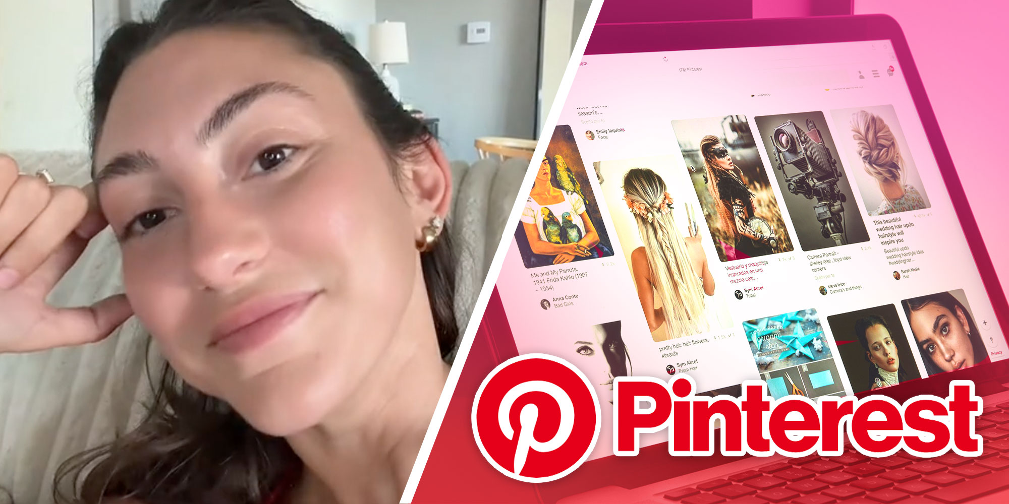 Screenshot of Tiktok user @hey.its_em; Photo of a Pinterest page on a laptop with the Pinterest logo.