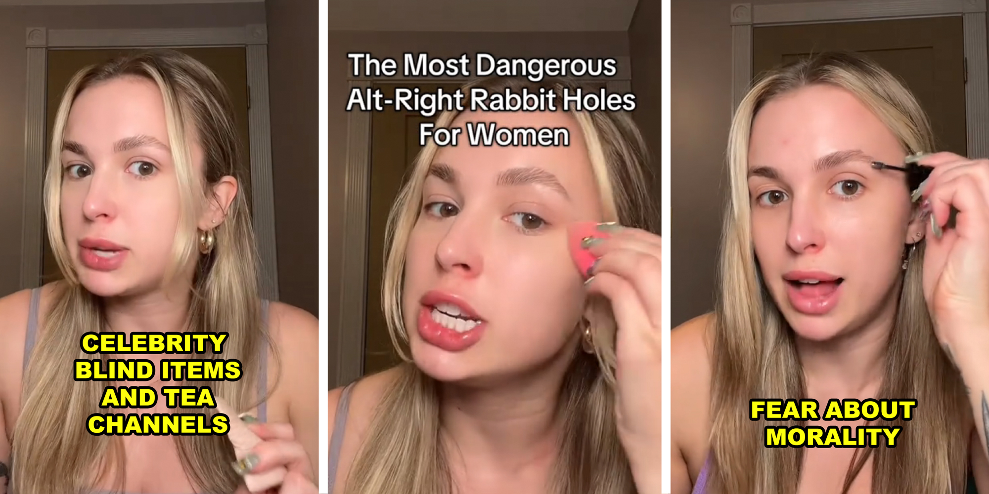 3 panel image of a person explaining.