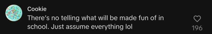 comment on @thestyliststeal TikTok video by user @cookie710 reads: theres no telling what will be made fun of in school just assume everything lol