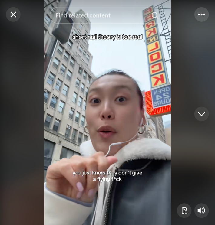 TikTok user @ashleyy.shim "short nail theory is too real." "you just know they don't give a flying f*ck."