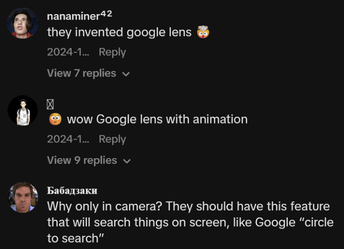 TikTok comments including one reading "wow Google lens with animation"