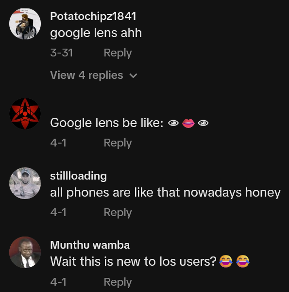 TikTok comments including one reading "google lens ahh"