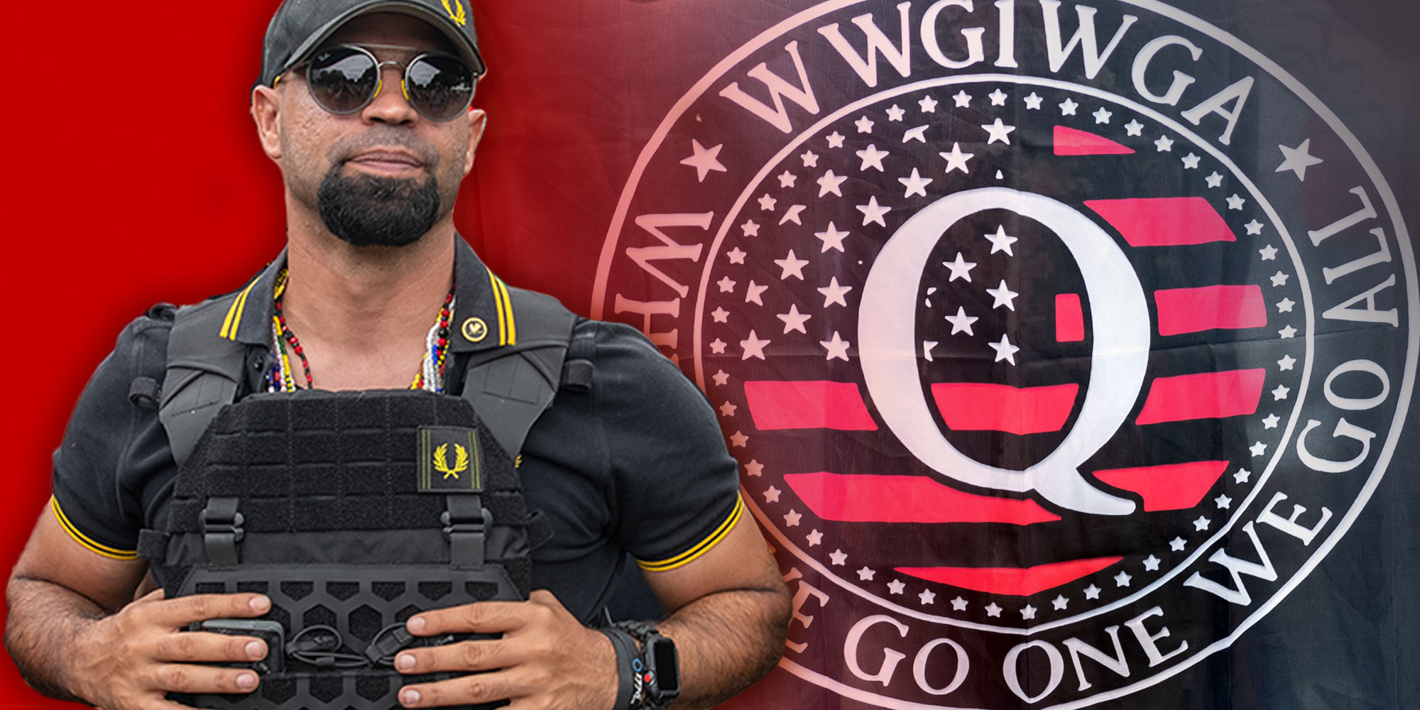 Photo composite of Enrique Tarrio next to a QAnon Flag