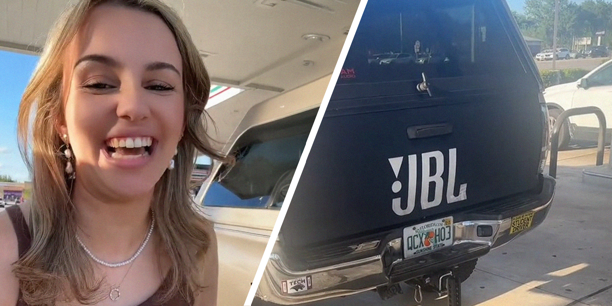woman smiling(l) JBL Logo on Pickup(r)